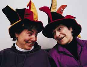  Photo by Mimi Chakarova: Carmen Barsody and Kay Jorgensen, wearing jester's hats 