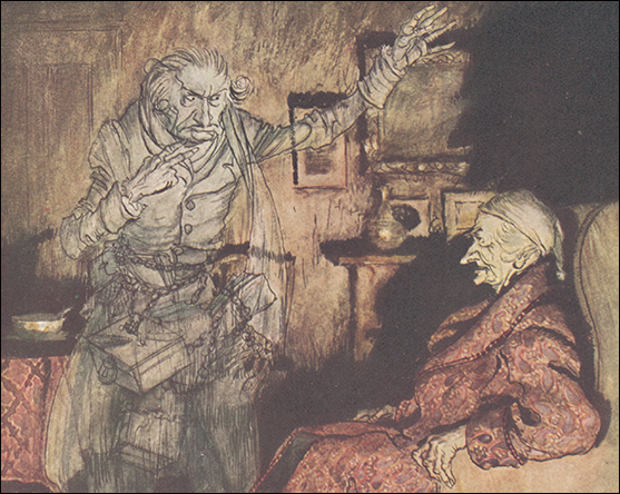 Marley's ghost visits Scrooge in <cite>A Christmas Carol</cite>. (Arthur Rackham/Free Library of Philadelphia/Bridgeman Images)