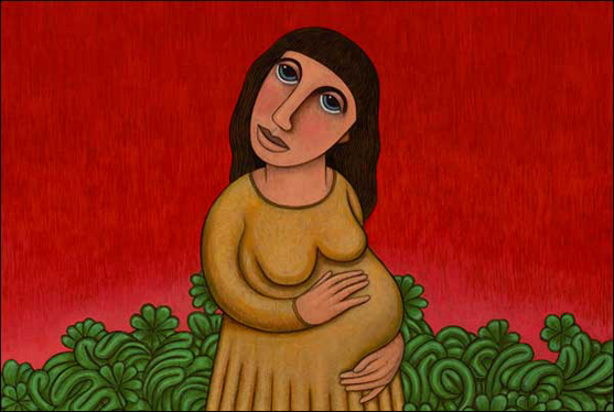 illustration of a pregnant women in front of green leaves on a red background
