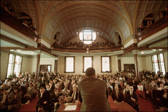 The Rev. Dr. Martin Luther King Jr. delivers a eulogy in Brown Chapel for the Rev. James Reeb (© Flip Schulke/CORBIS).